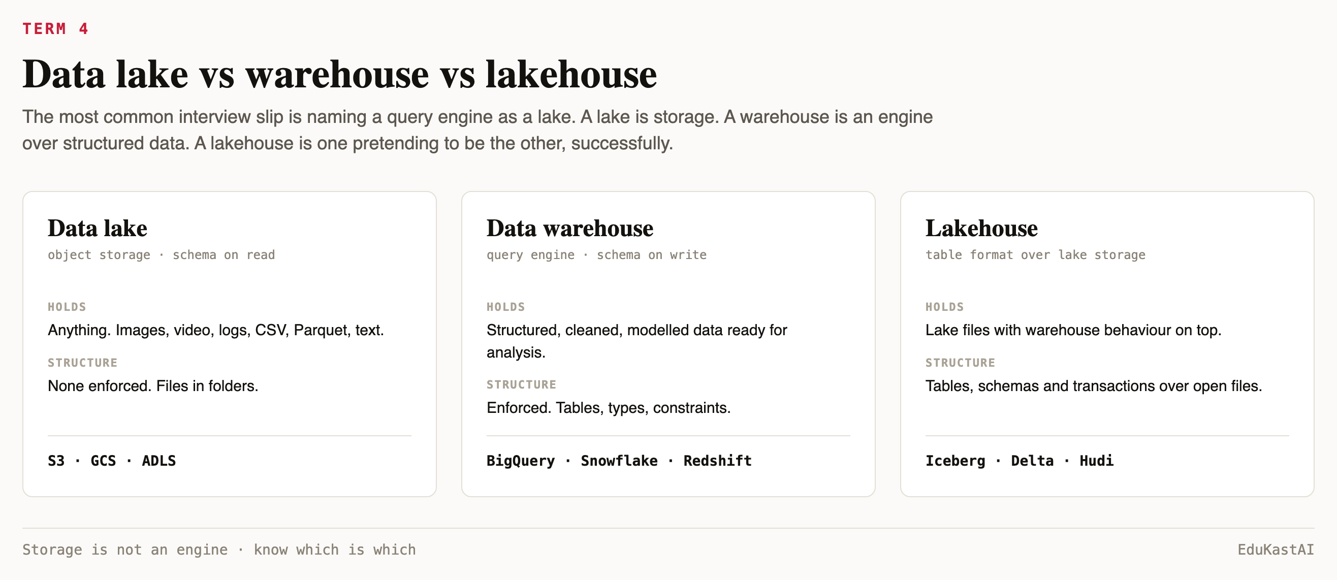 Data lake versus data warehouse versus lakehouse, with example tools for each